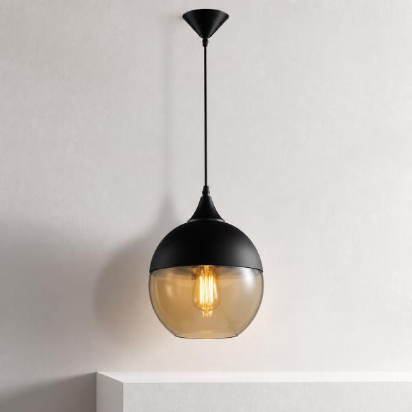 Amber Glass and Black Globe Pendant Light