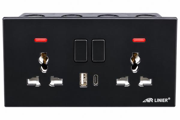 Linier Black Twin Socket with USB and Type-C