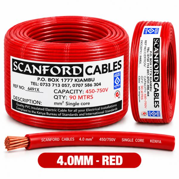 4.0MM SCANFORD CABLE SINGLE RED 90 METER ROLL
