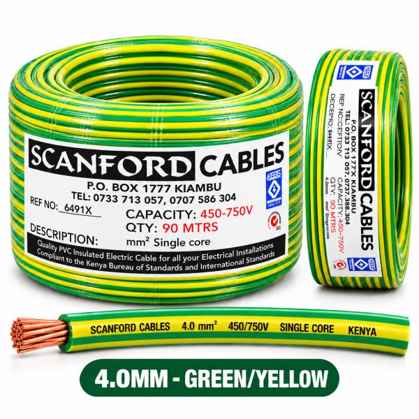 4.0MM SCANFORD CABLE SINGLE GREEN/YELLOW 90 METER ROLL