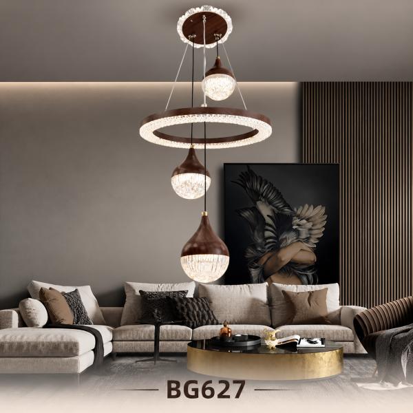 LED Wood & Crystal Chandelier Ring with 3 Teardrop Pendants 
